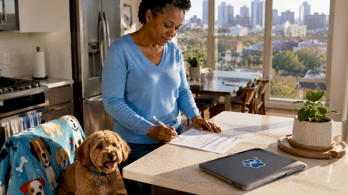 Pet parent filling pet care form at home