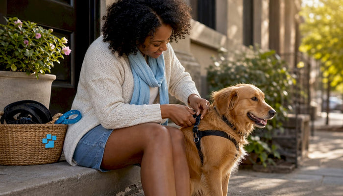 Woman fitting harness on dog indoors