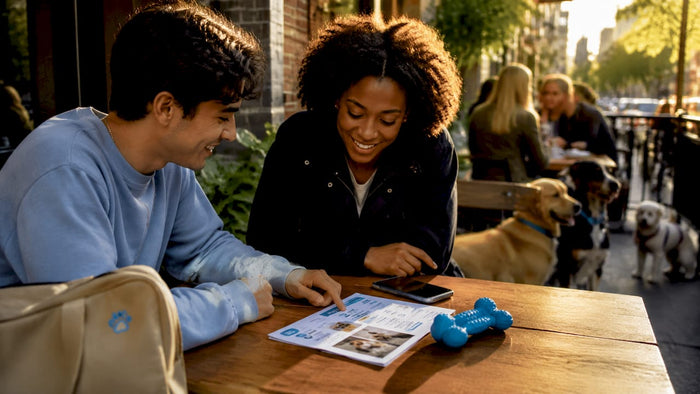Hands booking dog walk via phone app at home