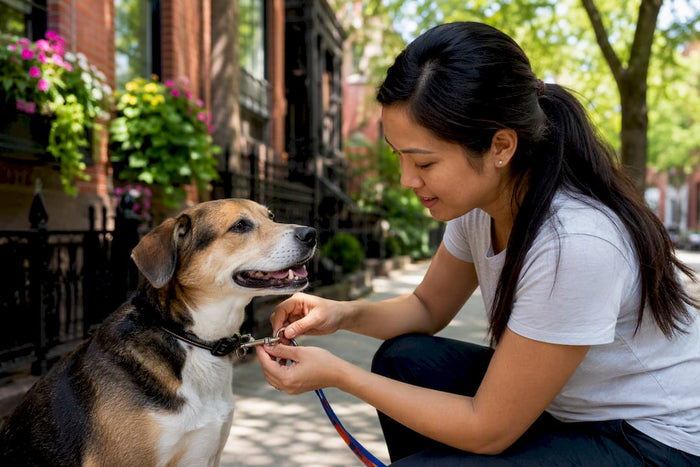 Pet sitter clipping leash on dog