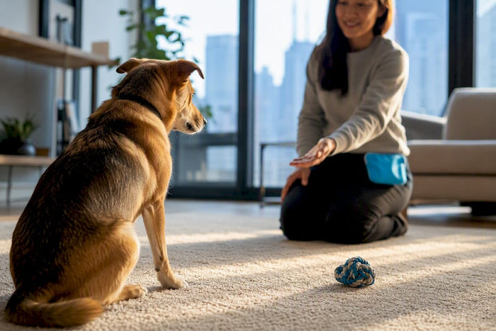 Relaxed dog during gentle Fear Free greeting