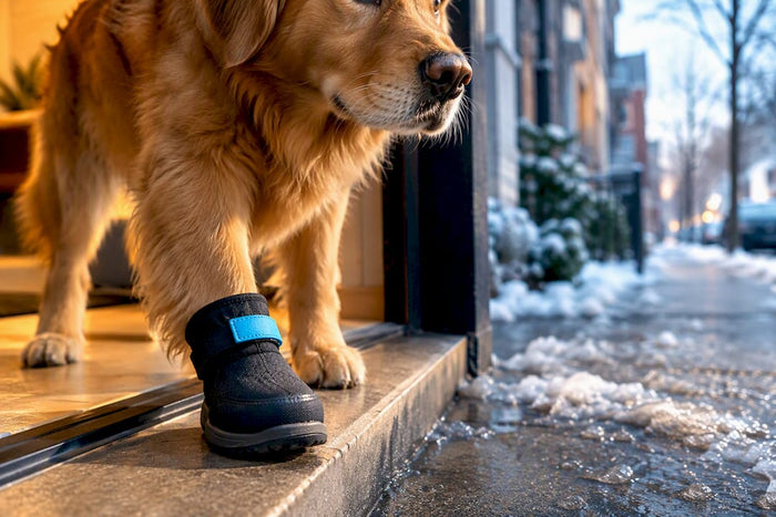 Dog paw wearing boot beside salted sidewalk
