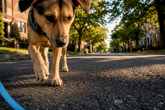 Dog paw near sun-heated Chicago pavement