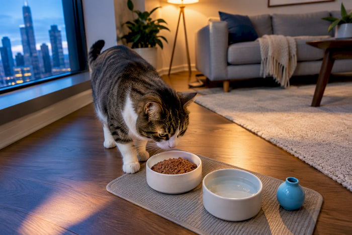 Cat eating from bowl before overnight absence