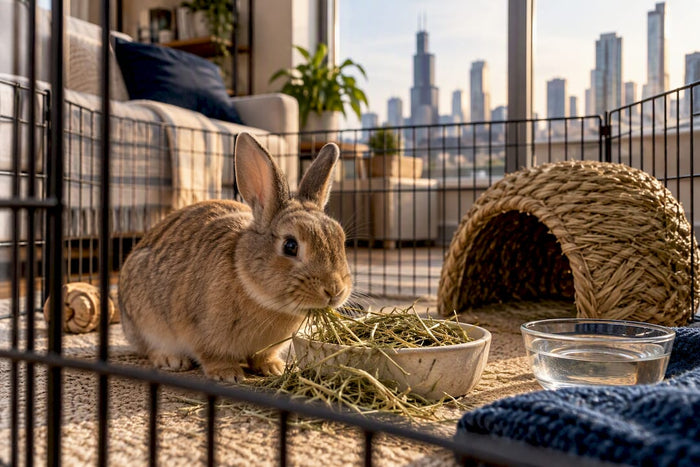 Rabbit settled in a prepared home enclosure