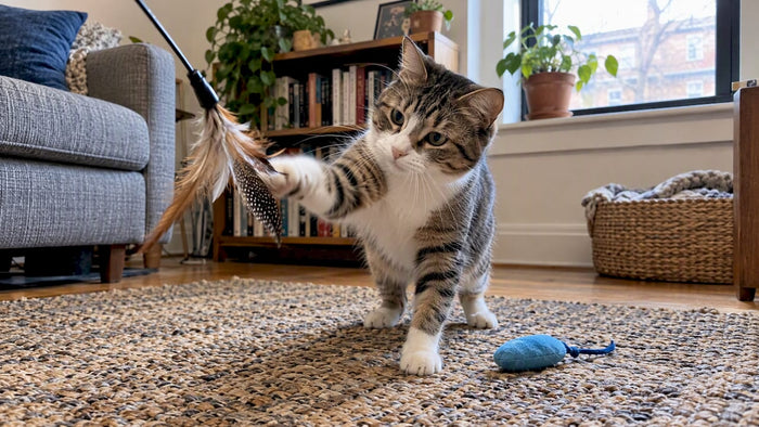 Cat playing with enrichment toy indoors