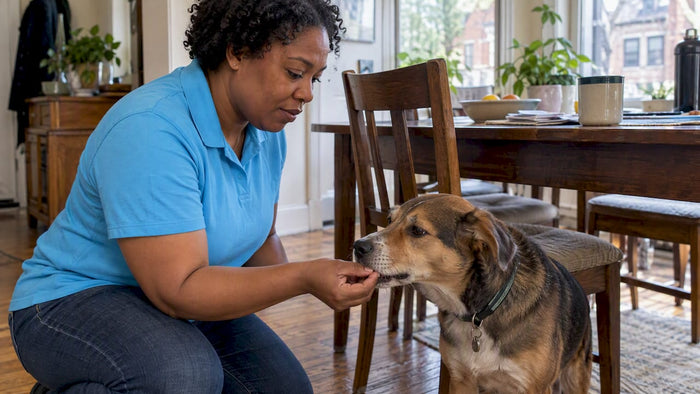 Caregiver giving a dog medication in a treat