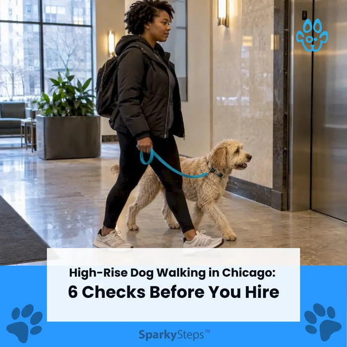 Walker guiding a dog through a Chicago high-rise