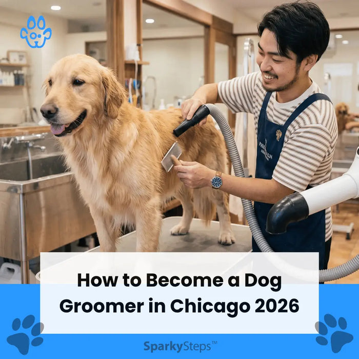 How to Become a Dog Groomer in Chicago Title - the picture has a groomer and his golden retriever