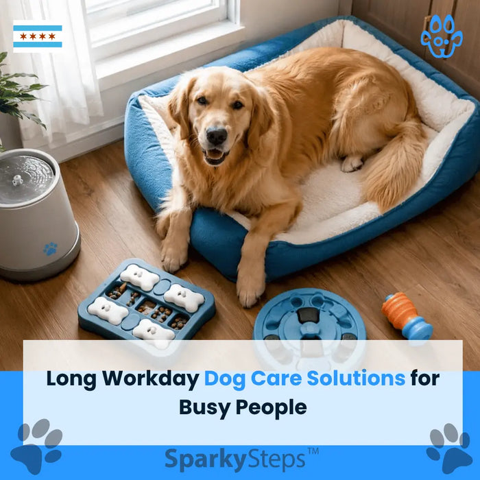 Dog resting with enrichment toys in living room