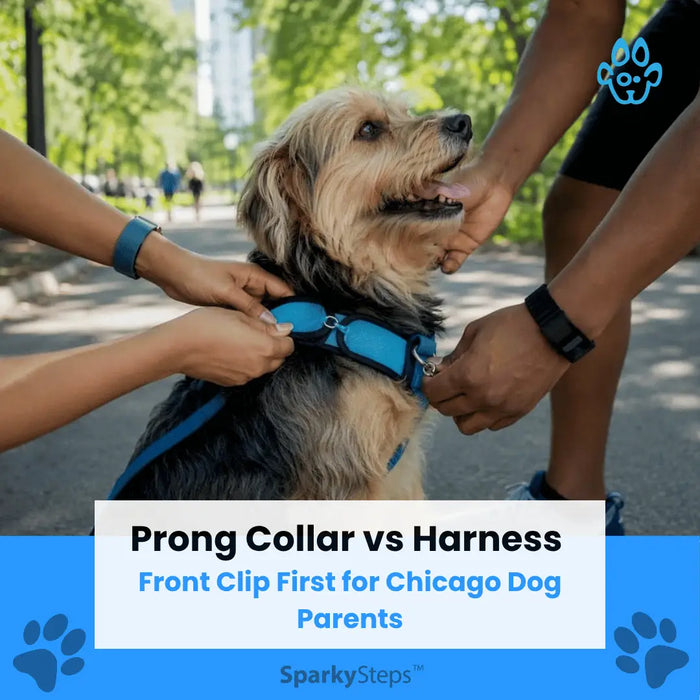 Dog wearing front-clip harness in Chicago park