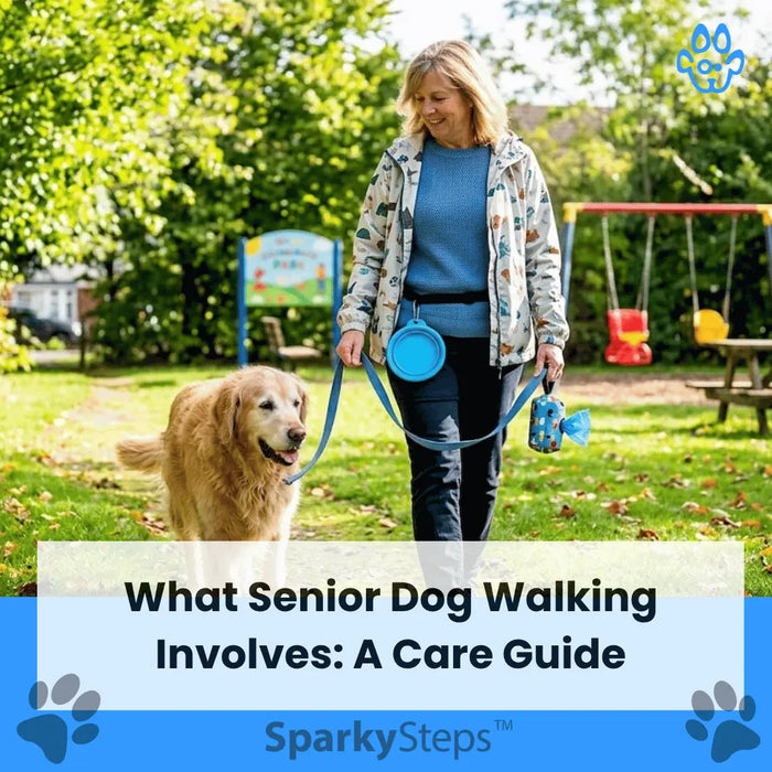 Senior dog walking with owner in park
