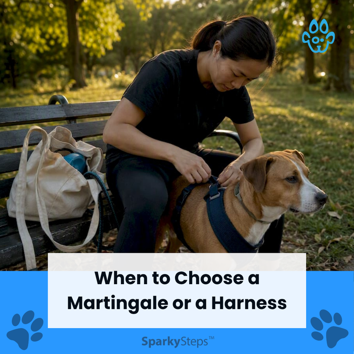 Dog walker adjusting harness on dog outdoors - When to Choose a Martingale or a Harness