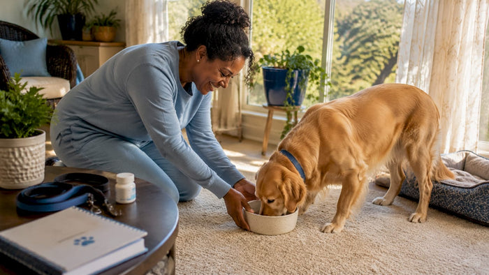 Woman feeding golden retriever indoors