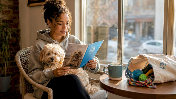 Woman reading pet care plan brochure with dog nearby