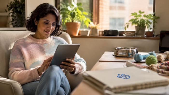 Woman using pet care app on phone indoors
