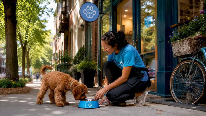 Local urban pet care storefront and sidewalk setup