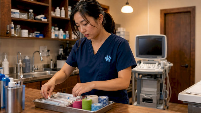 Veterinary technician organizing supplies in clinic