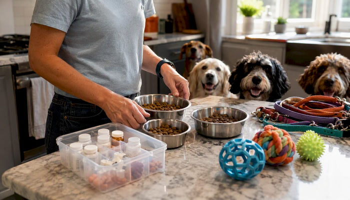 Caregiver organizing pet meds and bowls