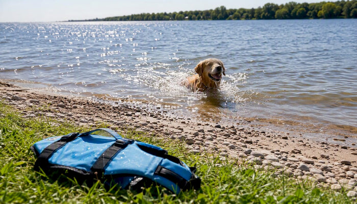 Golden retriever swimming near lakeshore