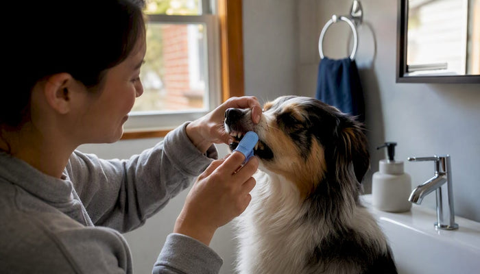 Finger brushing dog's teeth with enzymatic toothpaste