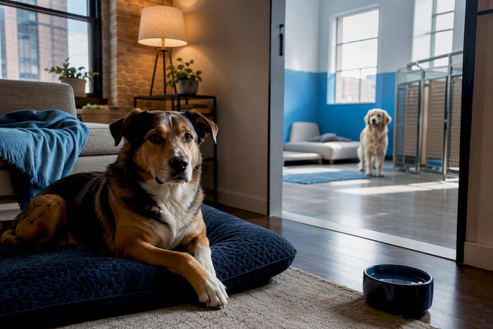 Dogs shown in home and boarding settings