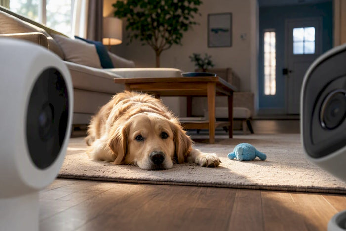 Dog resting between home monitoring cameras