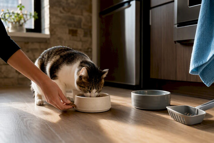 Caregiver feeding cat during home visit