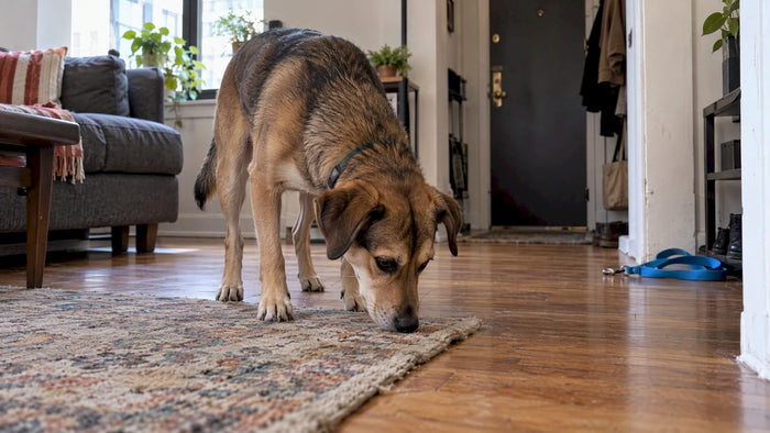 Dog sniffing inside a compact Chicago apartment