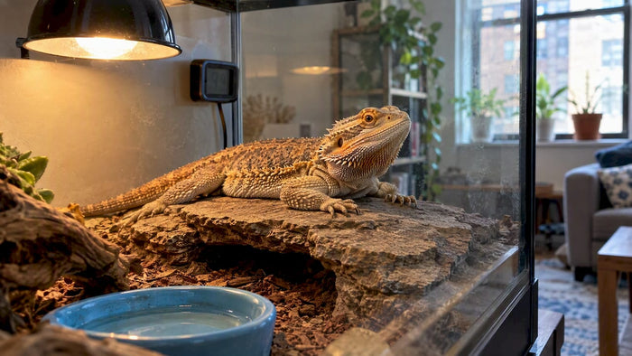 Bearded dragon in a heated home enclosure