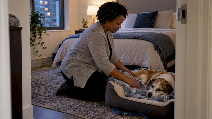 Sitter settling a dog for overnight care