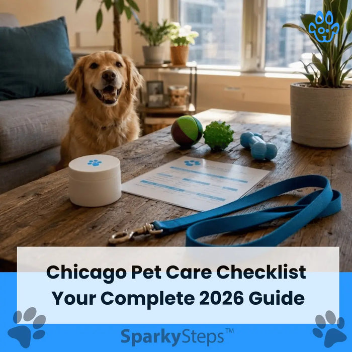 dog waiting to go for a walk with a title Chicago Pet Care Checklist - Your Complete 2026 Guide for Sparky Steps Chicago Dog Walkers