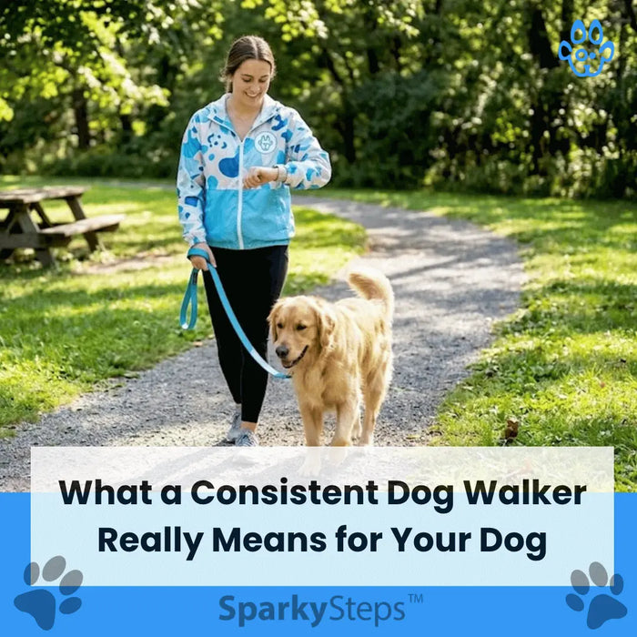 Dog walker leading golden retriever morning park